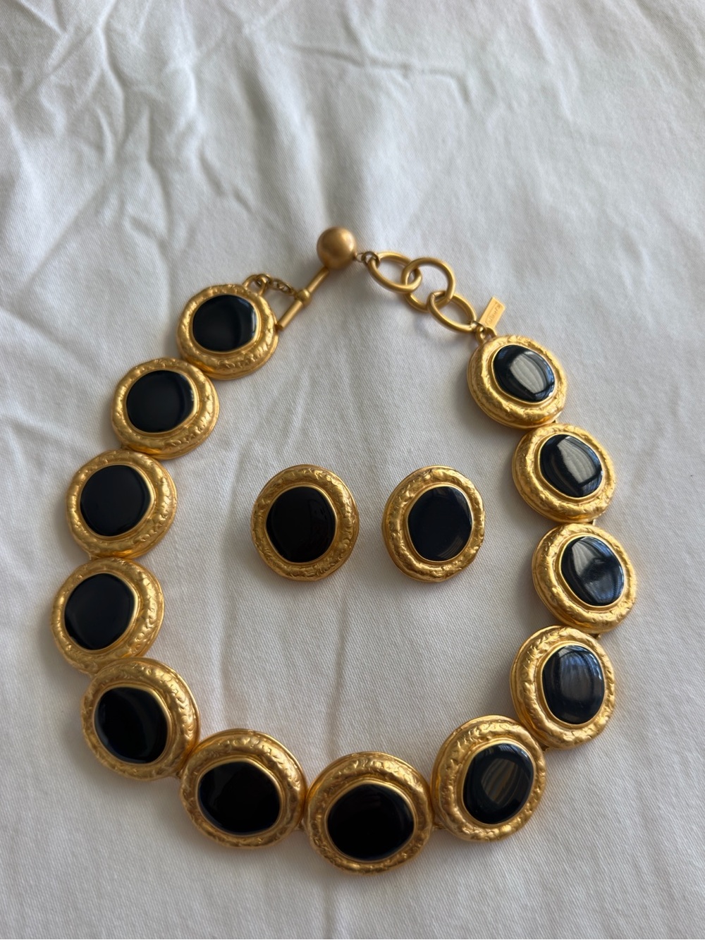 TALBOTS Vintage Gold and Black Round Statement Necklace with Matching Earrings